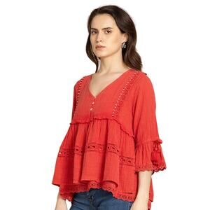 BOHERA Blouse XL Boho Shirred Ruffle Tiered Pinkilicious V-Neck Lace & Beads NWT